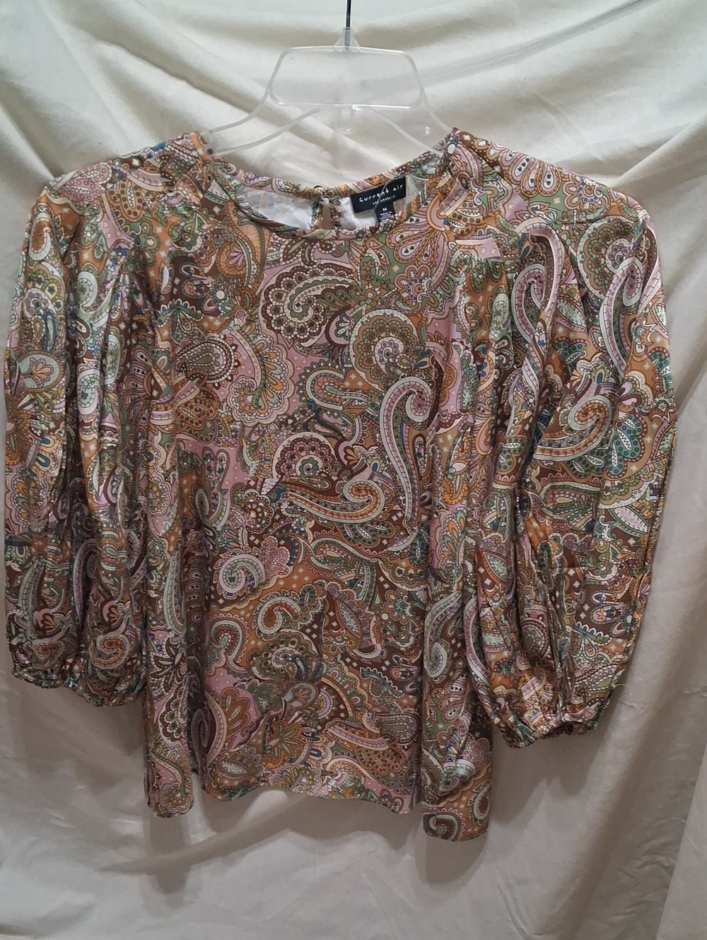 Current Air Paisley Puff-Sleeve Blouse in Pink and Green